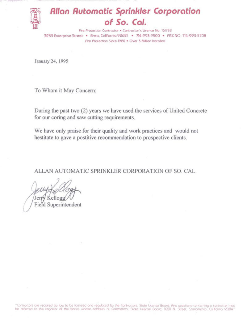 Testimonial letter from Allen Automatic Sprinklers