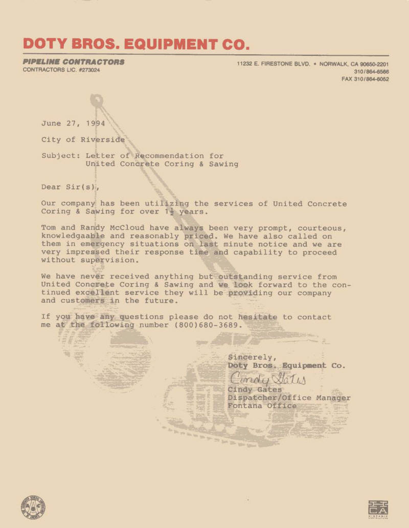 Testimonial letter from Doty Brothers Equipment