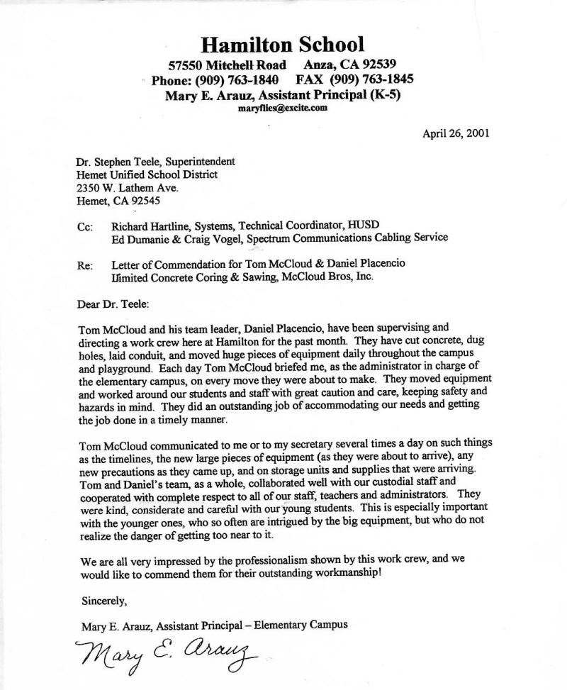 Testimonial letter from Hamilton School