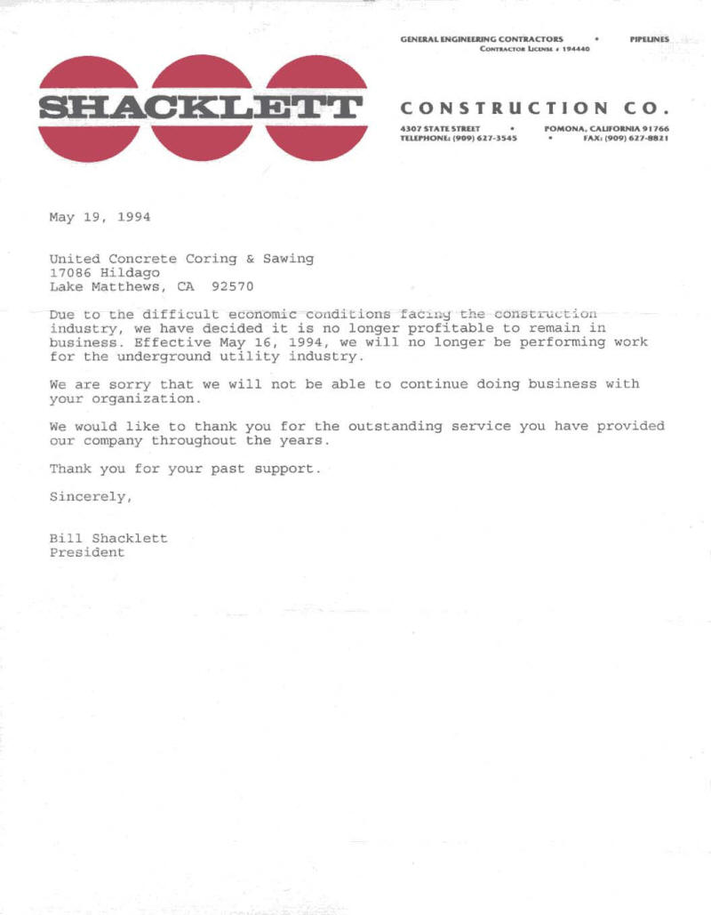 Testimonial letter from Shacklett Construction